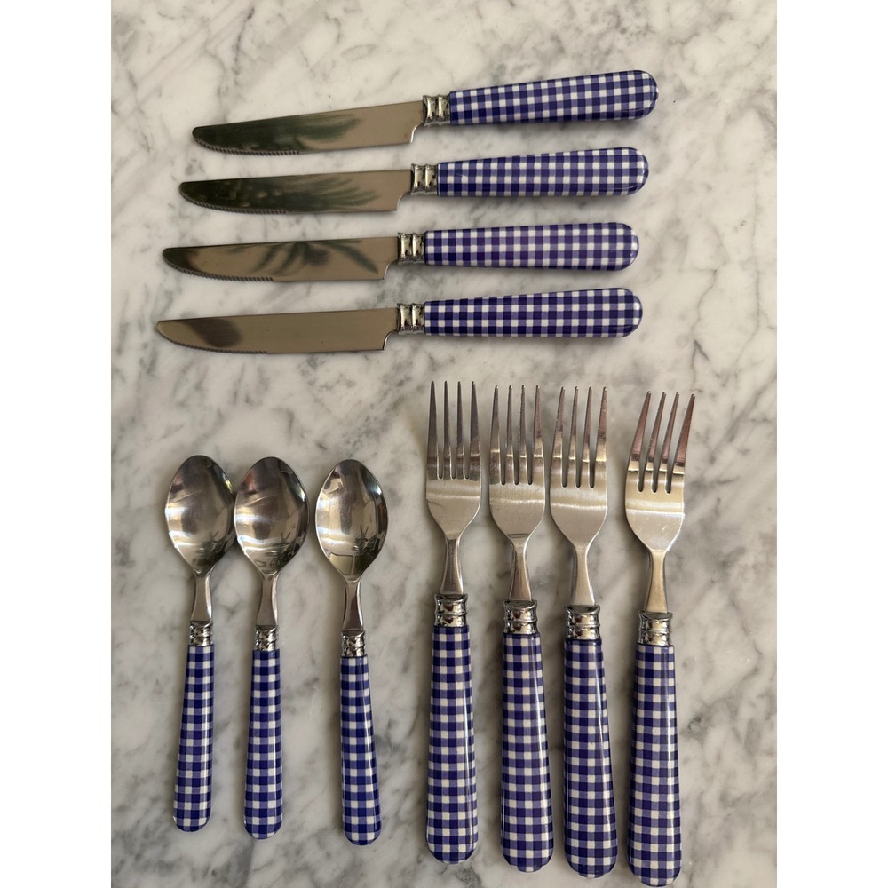 Purple Gingham Flatware Set 11pc Stainless Steel Checkered Knives Forks Spoons